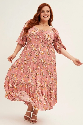 Ditsy Print Short Puff Sleeve Pink Ditsy Rayon Midi Dress Chic Harmony