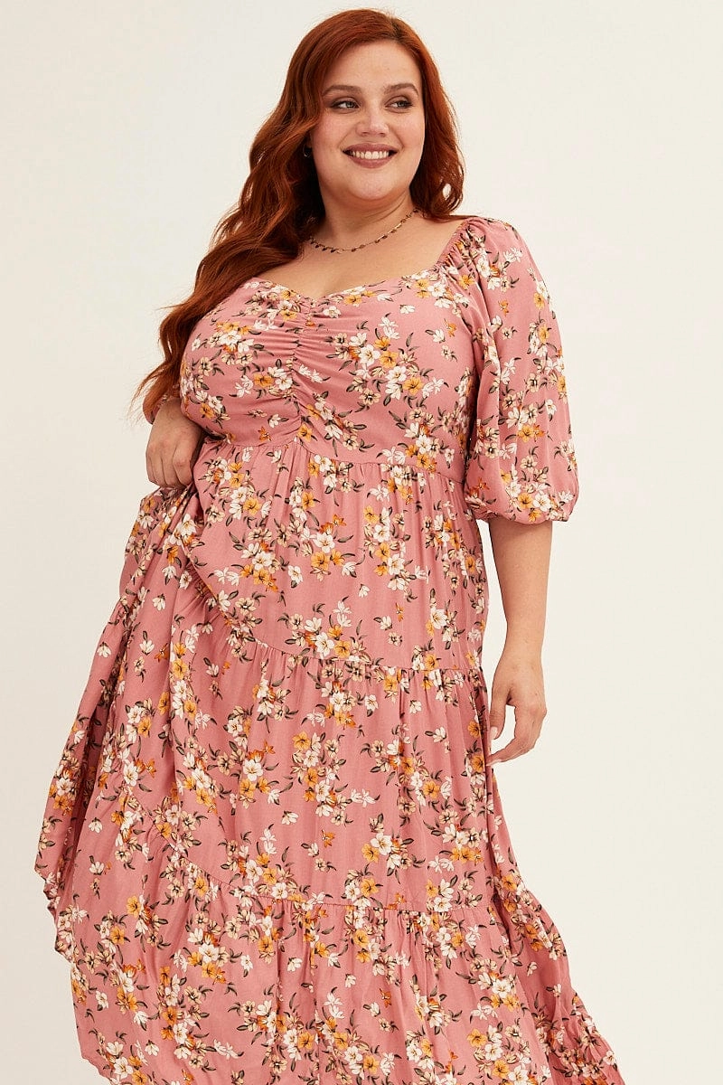 Silky Mood Comfortable fit Ditsy Print Short Puff Sleeve Pink Ditsy Rayon Midi Dress