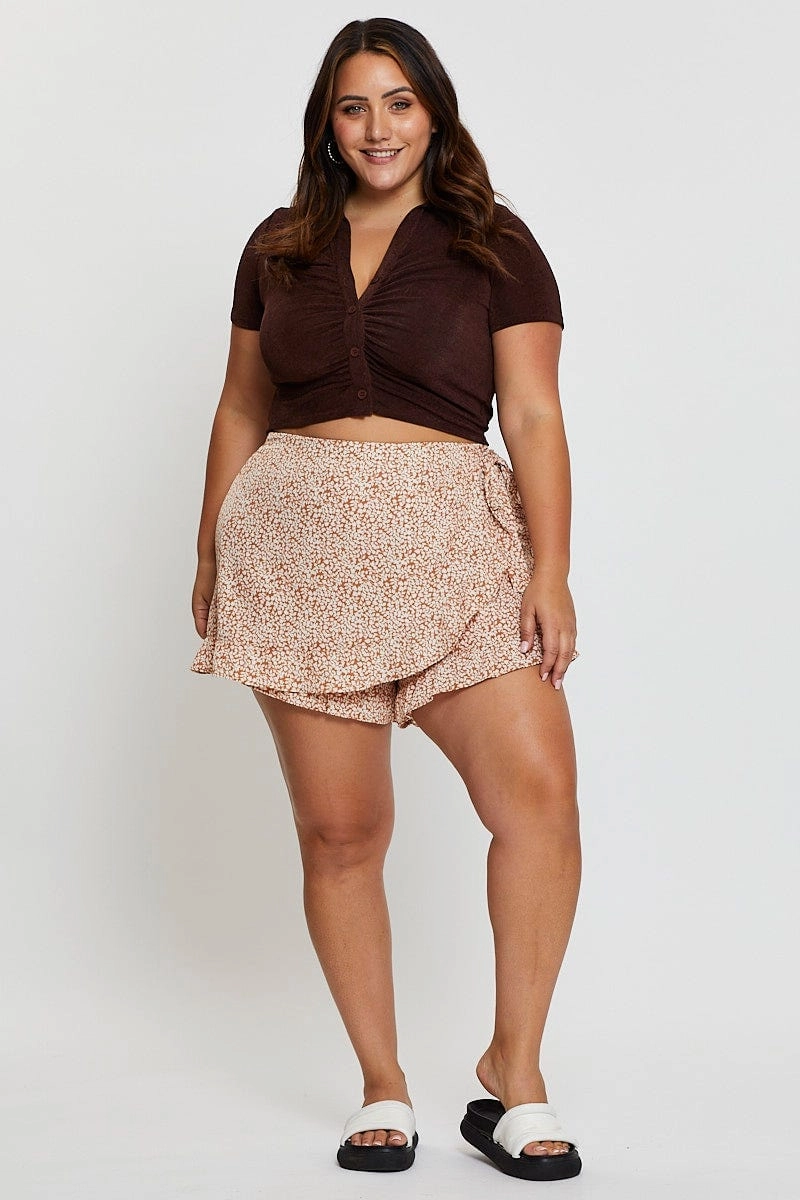 Abstract Motif Ditsy Print Wrap Skort Skirt Mide Rise Ruffle Hem