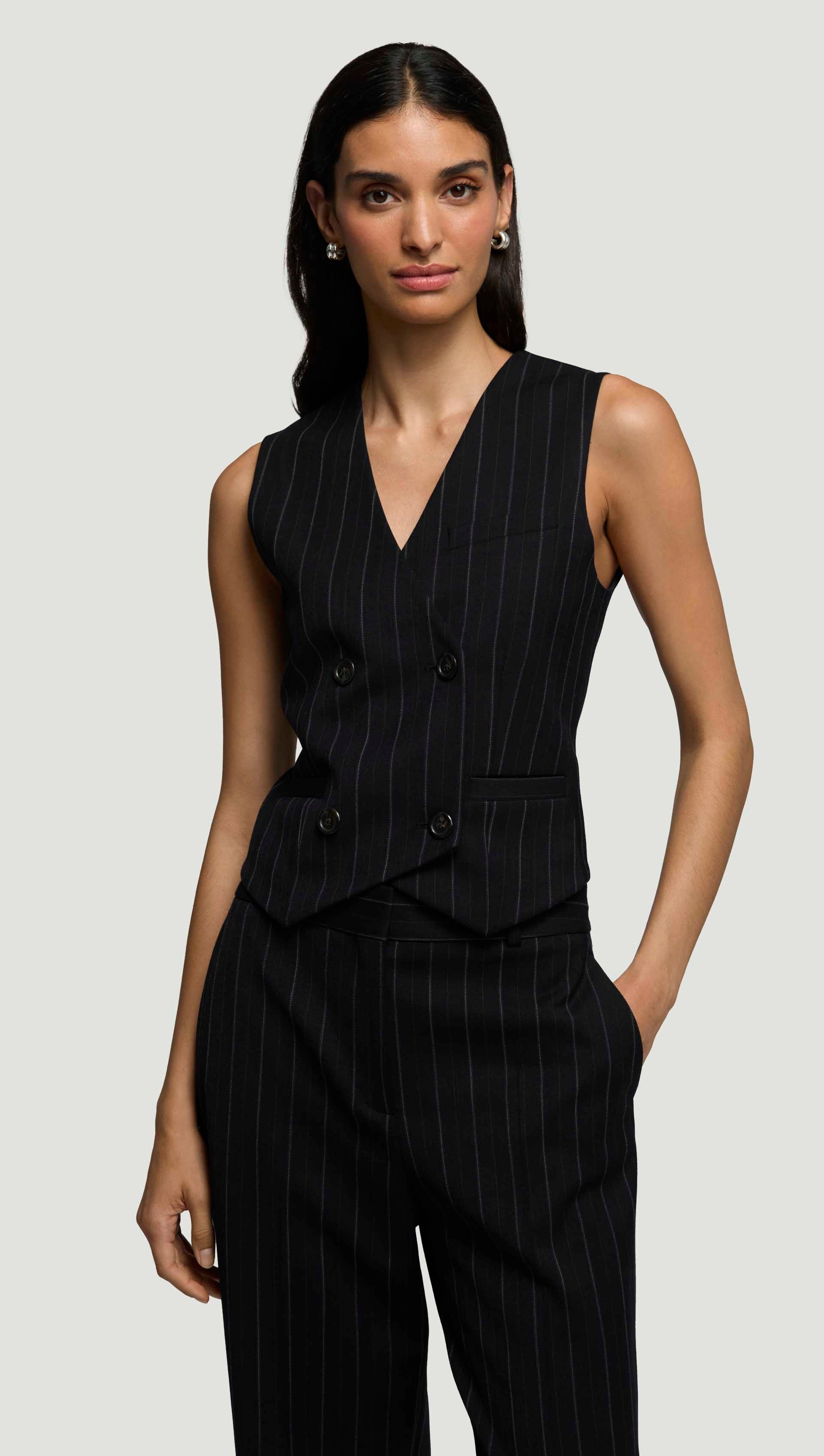 SoftLining Double-Breasted Waistcoat in Stretch Wool | Herringbone Midnight Stripe