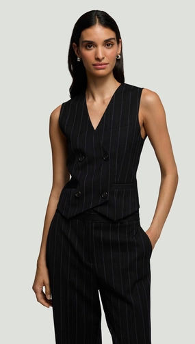 BreathableBack ReinforcedShoulderConstruction Double-Breasted Waistcoat in Stretch Wool | Herringbone Midnight Stripe