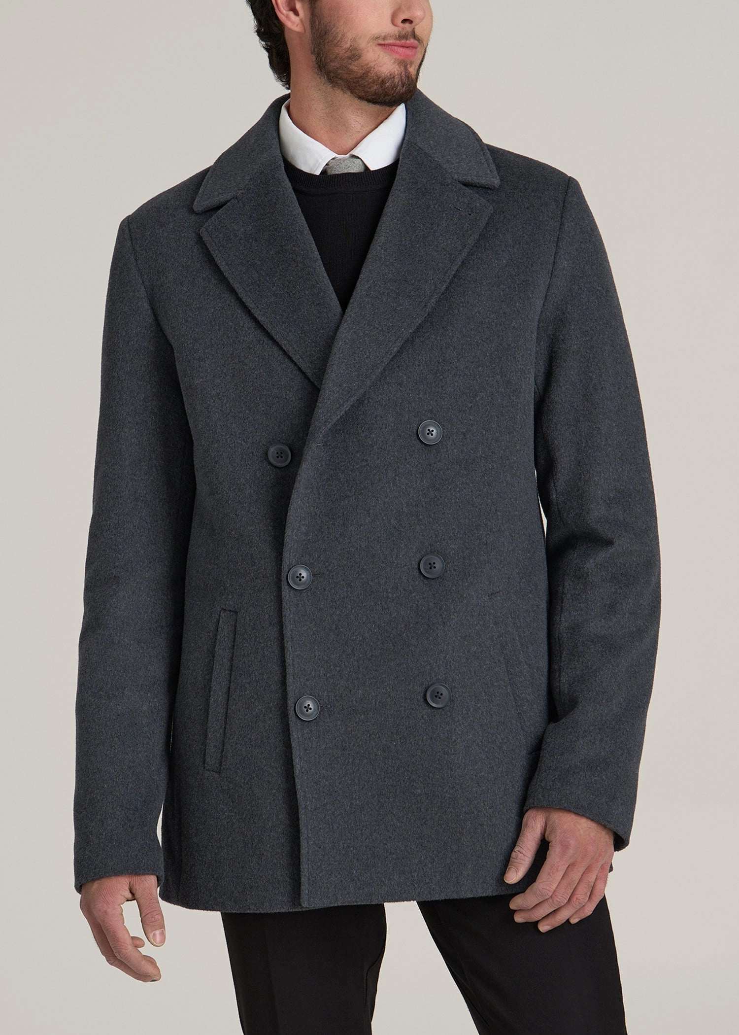 Designer Inspired LightweightInsulation Double-Breasted Wool Peacoat for Tall Men in Dark Grey Mix