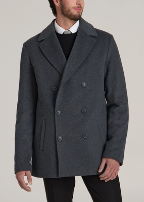 Designer Inspired LightweightInsulation Double-Breasted Wool Peacoat for Tall Men in Dark Grey Mix