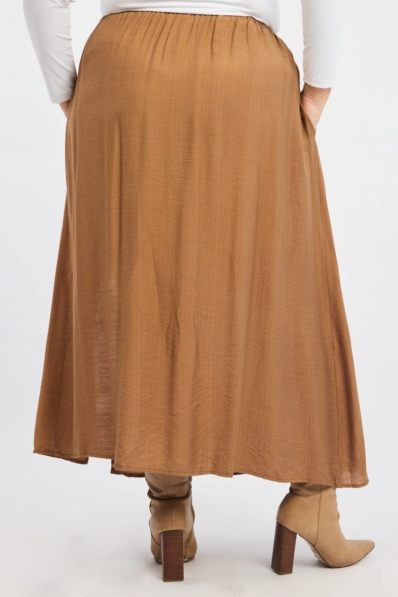 Brown Tie Waist Split Side Maxi Skirt Crisp Fit