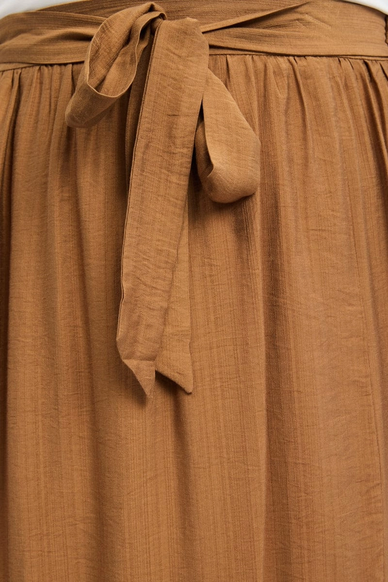 Brown Tie Waist Split Side Maxi Skirt Classic Appeal Subtle Details