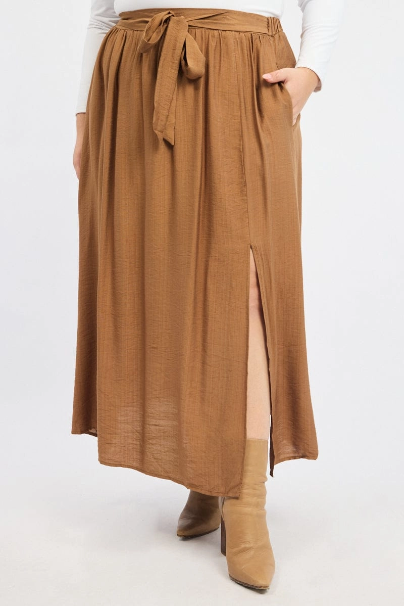 Brown Tie Waist Split Side Maxi Skirt Beach Day