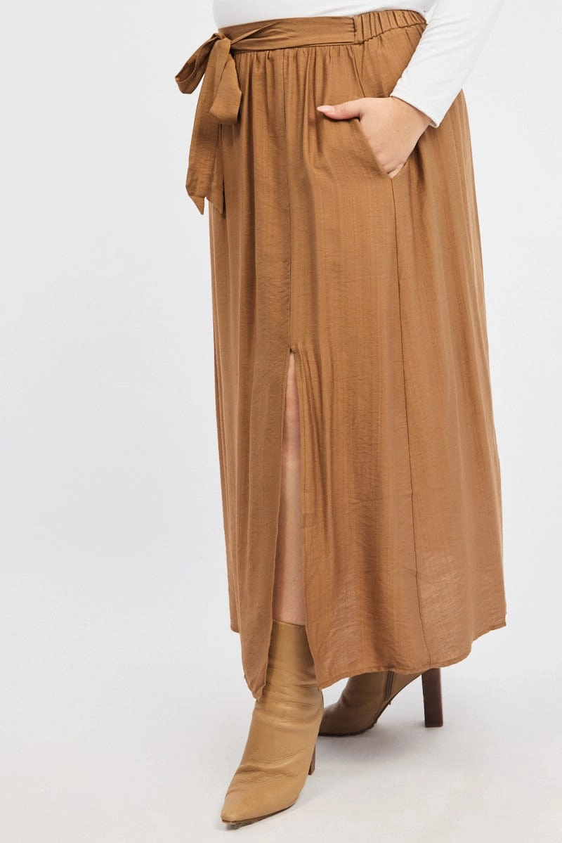 Everyday Vibe Brown Tie Waist Split Side Maxi Skirt