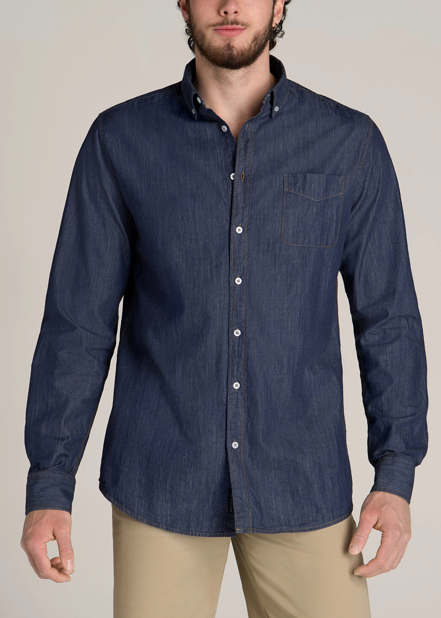 Chambray Button-Down Shirt for Tall Men in Dark Chambray Trendy Sweater