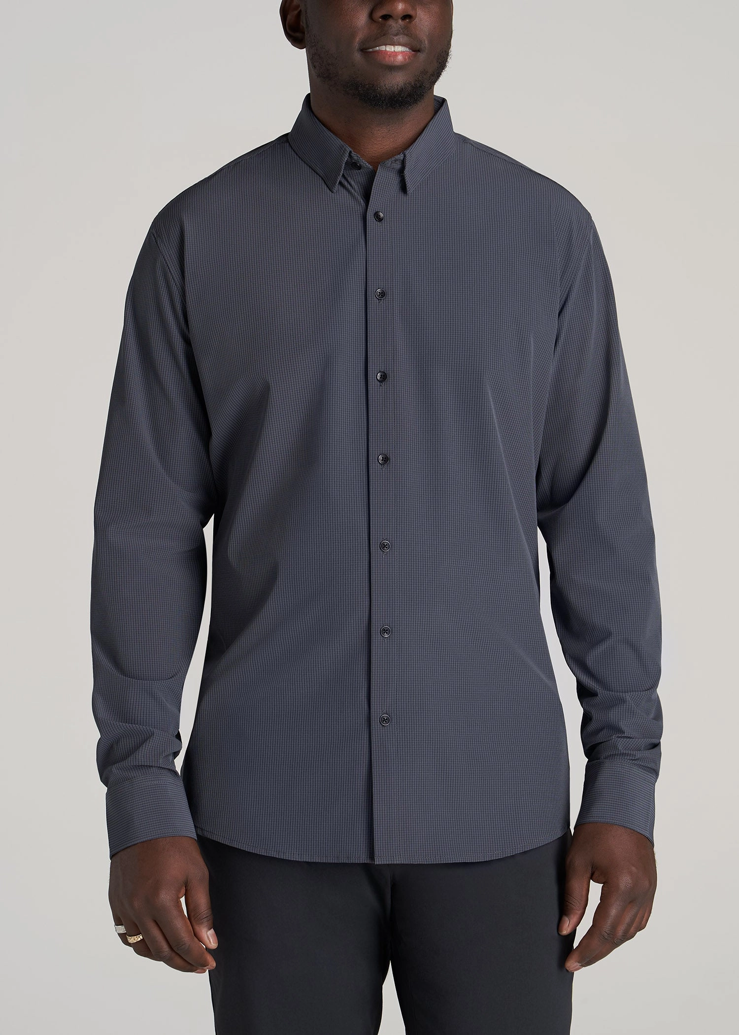 Traveler Stretch Dress Shirt for Tall Men in Charcoal Micro Check AdaptiveFitFabric Circular Knit