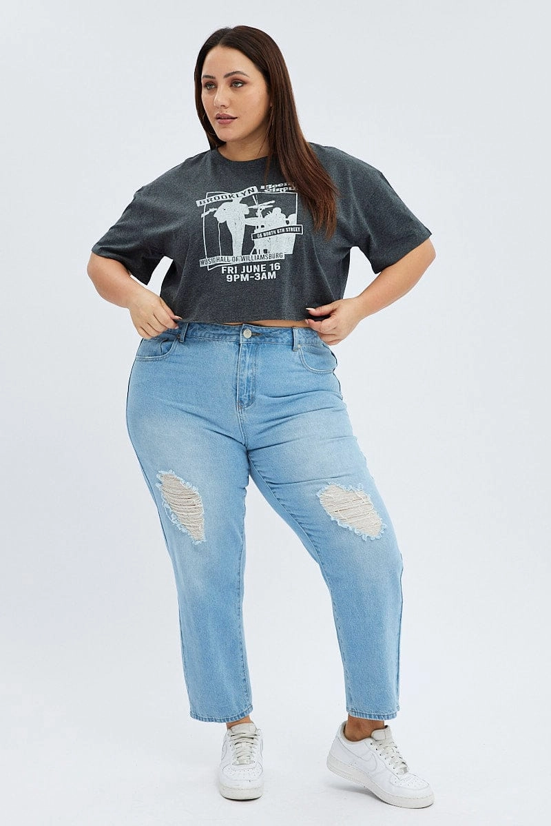Grey Graphic T-shirt Brooklyn Band Super Crop Jersey Light and Comfortable
