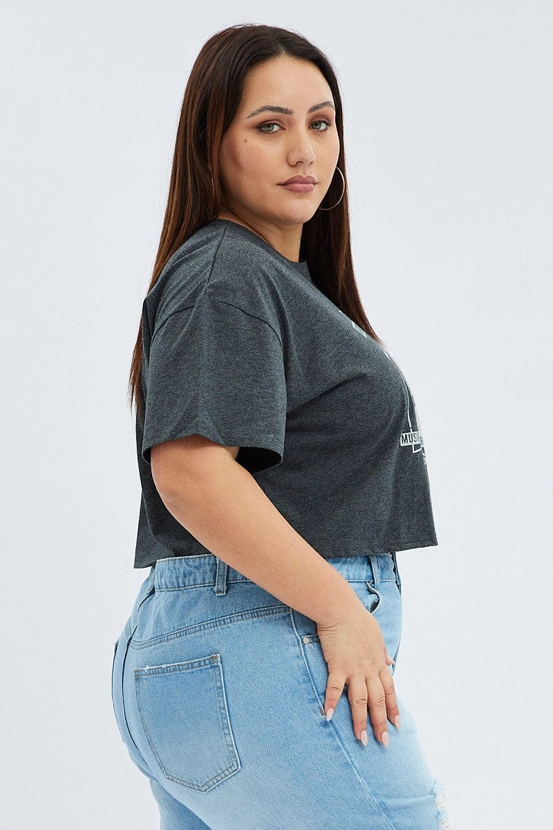 Grey Graphic T-shirt Brooklyn Band Super Crop Jersey Cozy Style Slim Fit Comfort