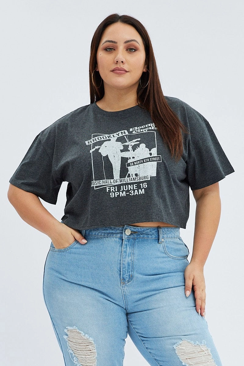 Grey Graphic T-shirt Brooklyn Band Super Crop Jersey Skin Friendly Lining