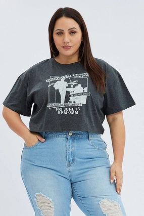 Cozy Fit Design Grey Graphic T-shirt Brooklyn Band Super Crop Jersey