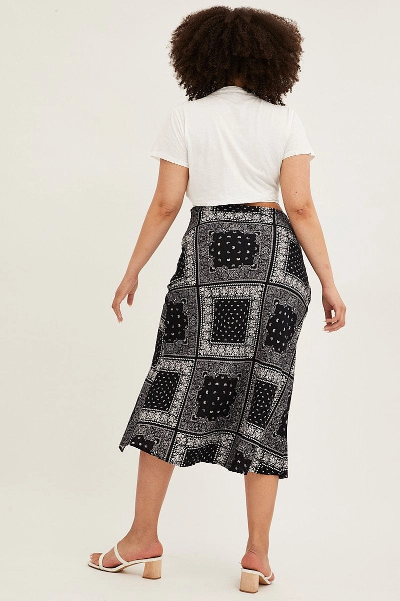 Black Boho Midi Skirt Bias Bandana Print Split Quick Dry Technology