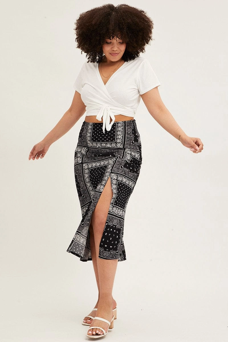 Black Boho Midi Skirt Bias Bandana Print Split Simple Layers