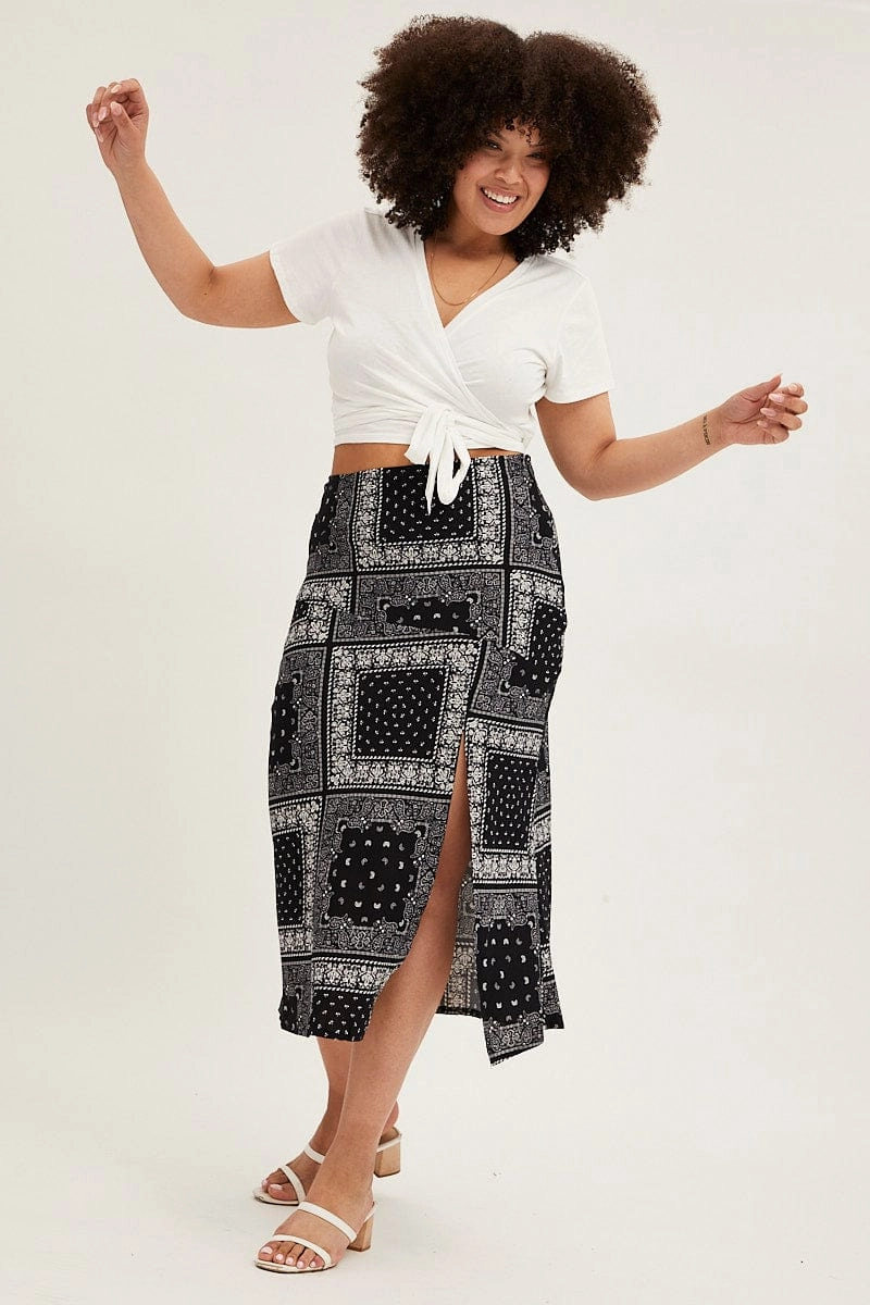 Modern Tones Black Boho Midi Skirt Bias Bandana Print Split