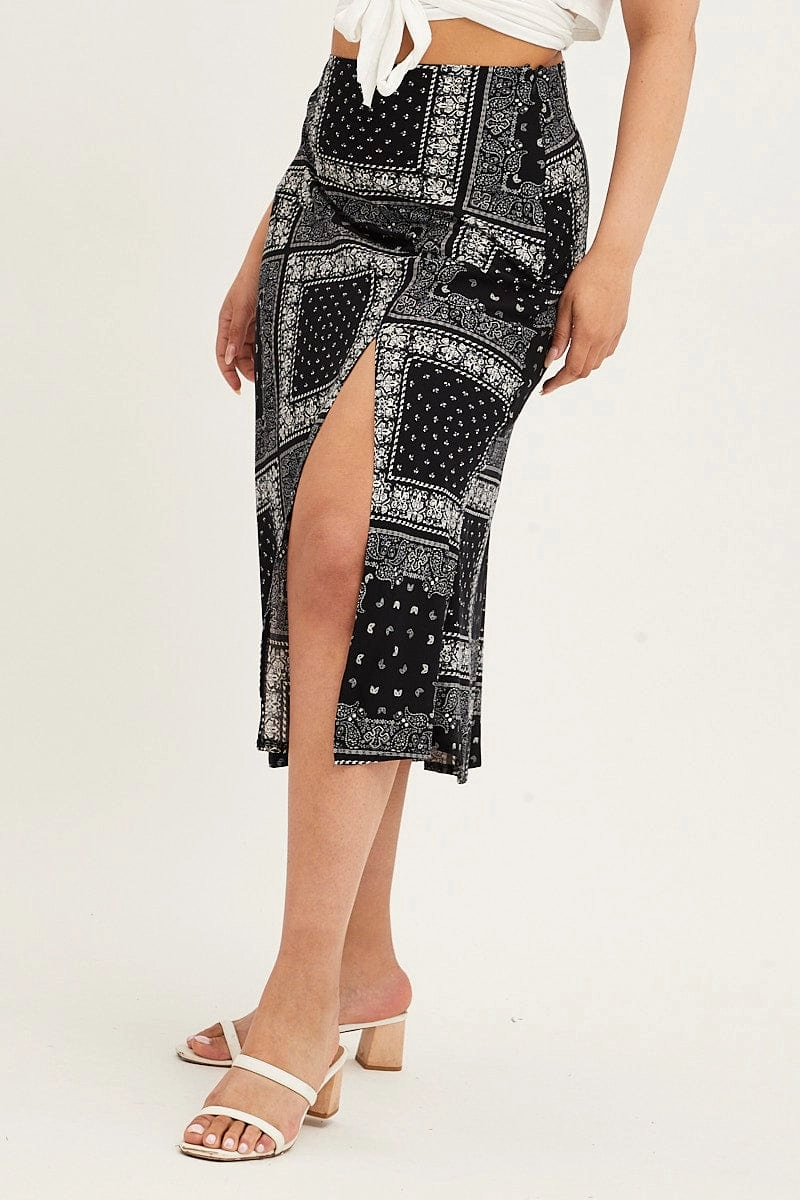 Black Boho Midi Skirt Bias Bandana Print Split Resale Value Comfy Style
