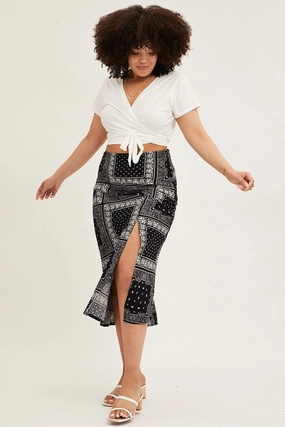 Black Boho Midi Skirt Bias Bandana Print Split Simple Layers