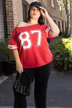 FadeResistantPrint Sporty Stretch Fit Red Graphic T Shirt One Shoulder Short Sleeve