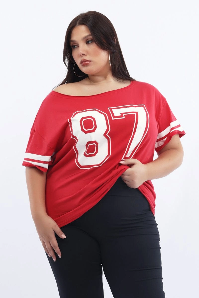 Red Graphic T Shirt One Shoulder Short Sleeve Award-winning Chilly Day Comfort