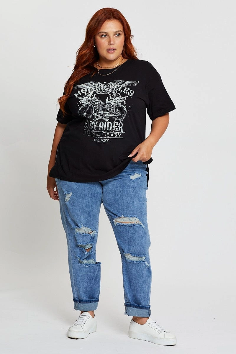 Black Graphic T-shirt Easy Ride Short Sleeve Cotton Yarn Dyed Stripes Casual Essentials
