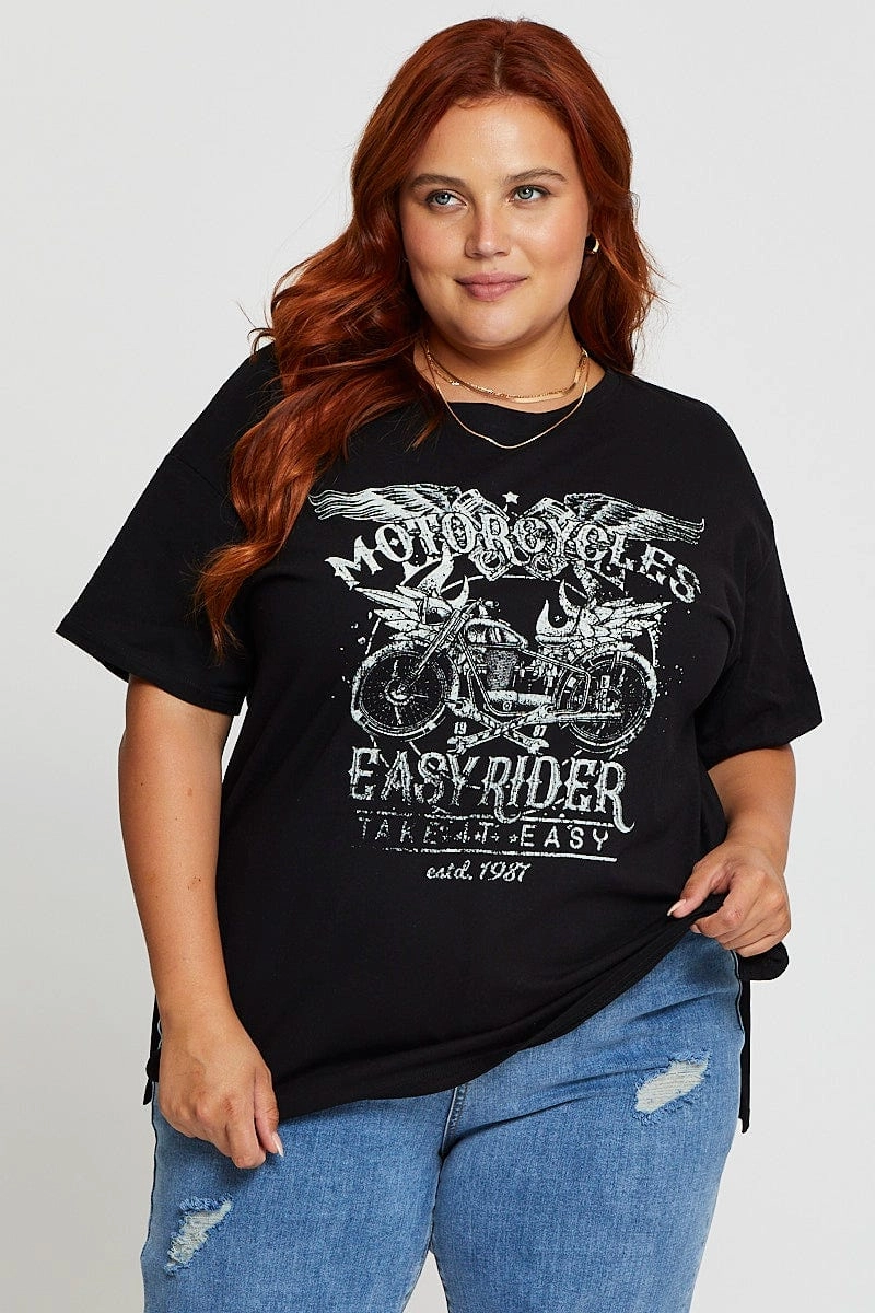 Black Graphic T-shirt Easy Ride Short Sleeve Cotton Micro Perforation EasyCareFinish