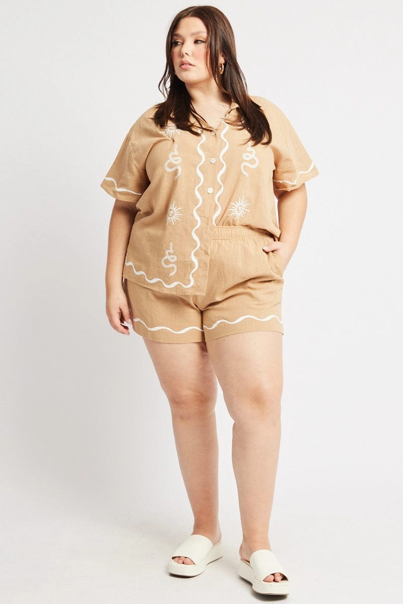 Beige Elastic Waist Pull On Shorts Neat Look
