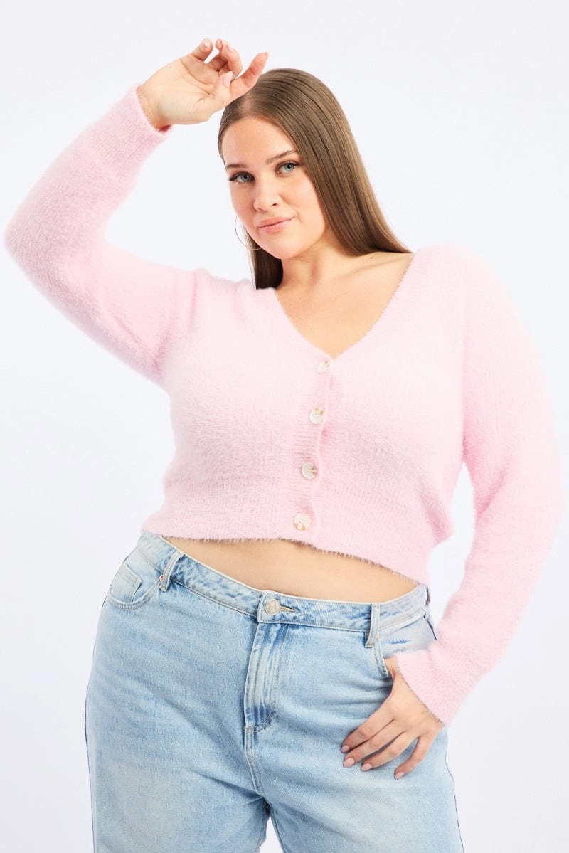 Waterproof Technology Velcro Fasten Pink Fluffy Knit Cardigan