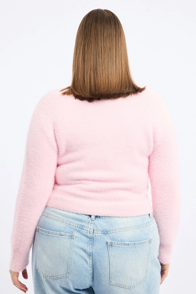 Pink Fluffy Knit Cardigan Thermal Lined