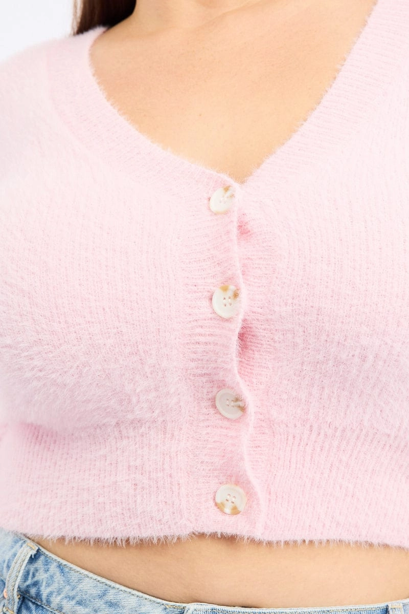 Pink Fluffy Knit Cardigan Flexible Layer System Non Restrictive Silhouette