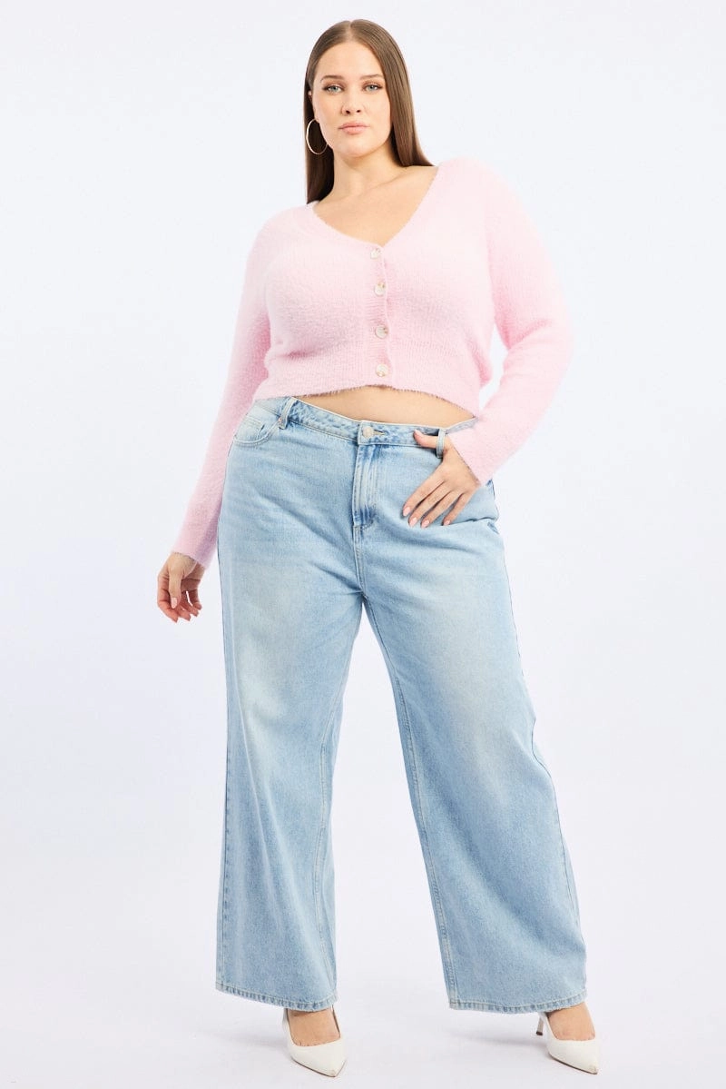 Pink Fluffy Knit Cardigan Stretch Paneling