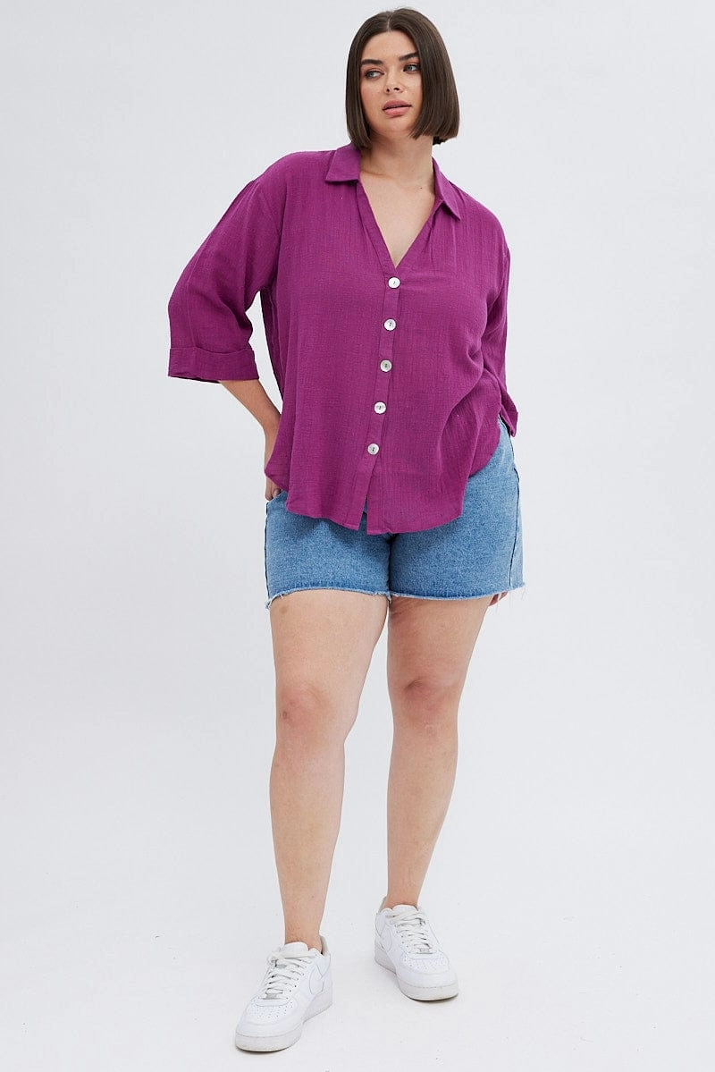 Purple Relaxed Shirt Three Quater Sleeve V-neck Petite Cut