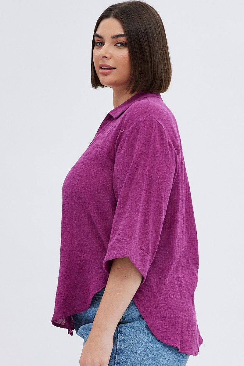 Compact Fold Design Sleepwear Purple Relaxed Shirt Three Quater Sleeve V-neck