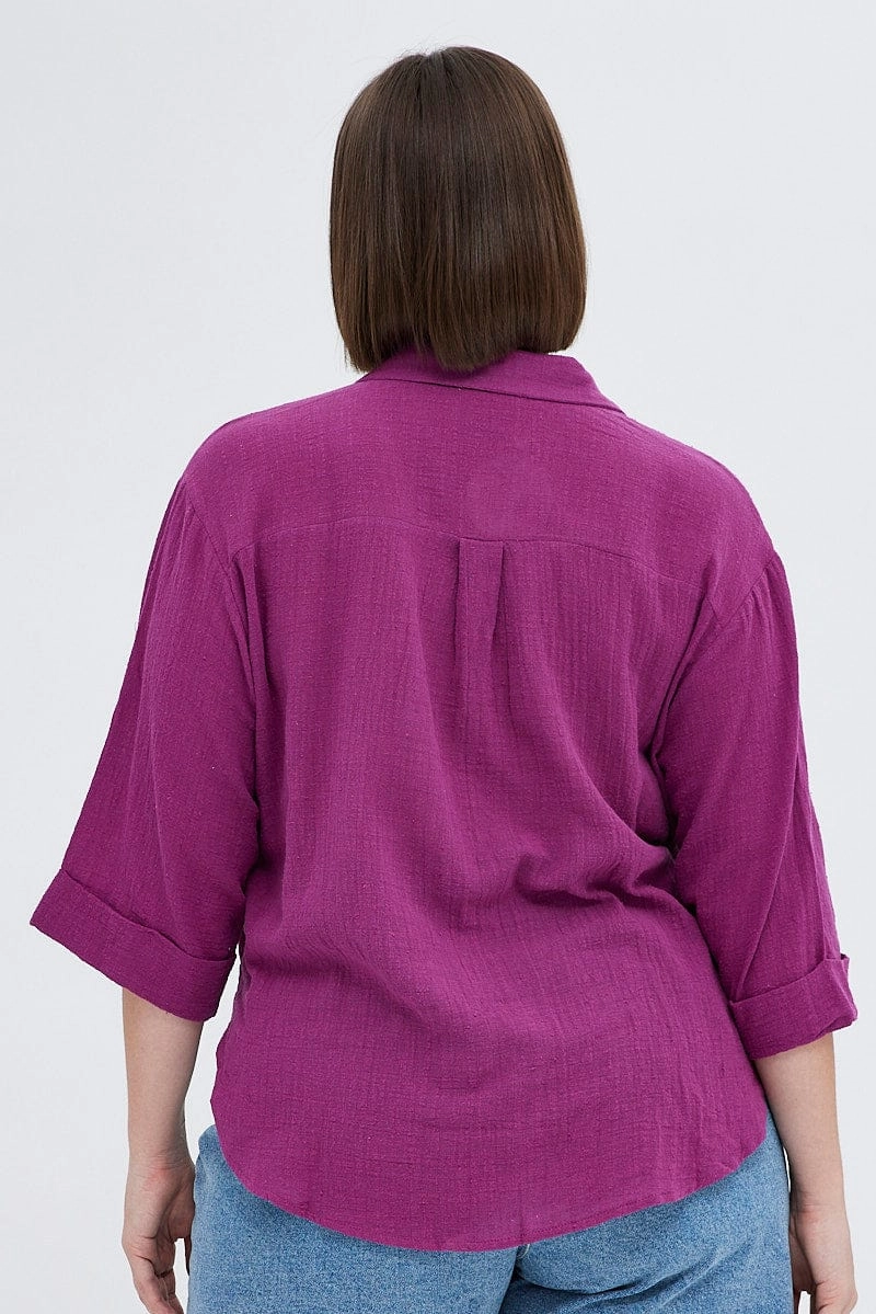 Purple Relaxed Shirt Three Quater Sleeve V-neck Everyday Layer