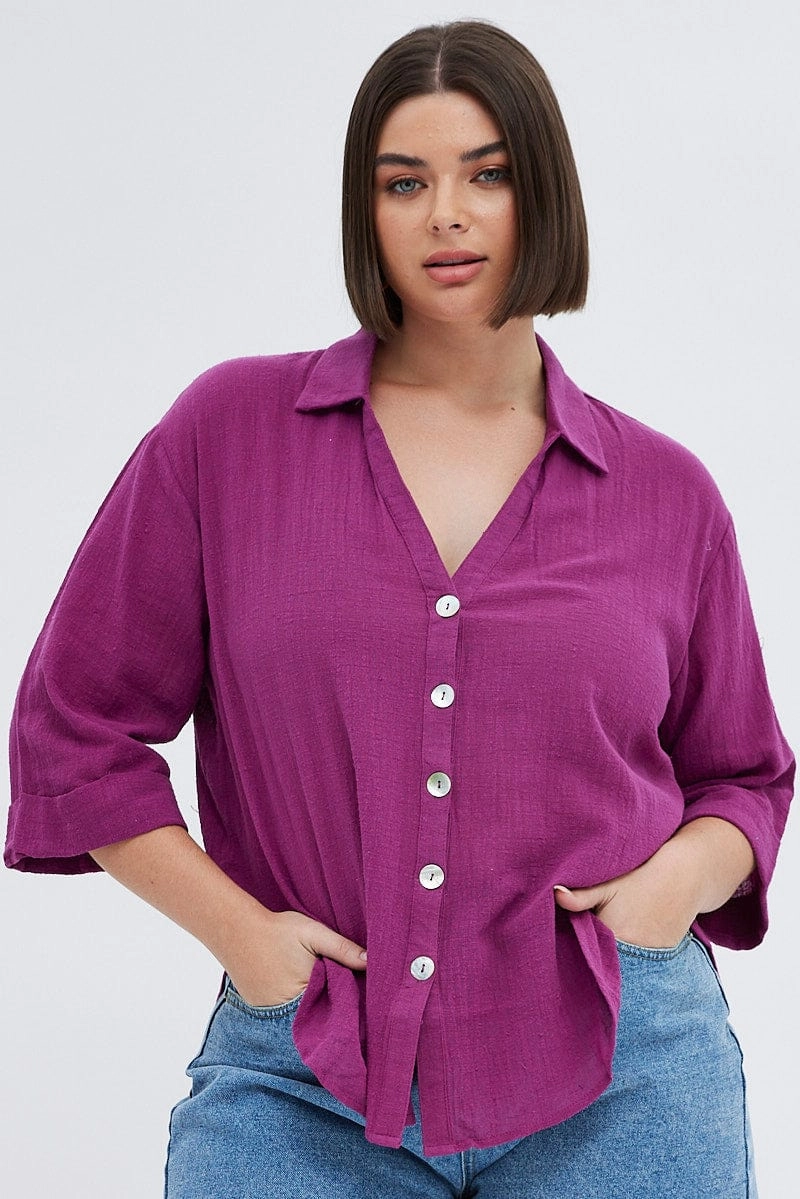High Street Fashion Purple Relaxed Shirt Three Quater Sleeve V-neck