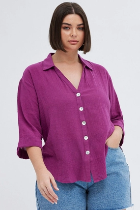 All-Season Wear Cuffed hem Purple Relaxed Shirt Three Quater Sleeve V-neck