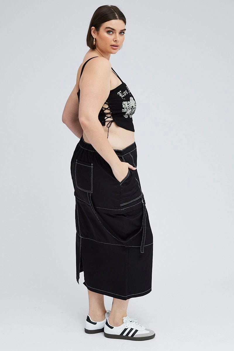 Black Cargo Midi Skirt Detachable Hem Everyday Favorite