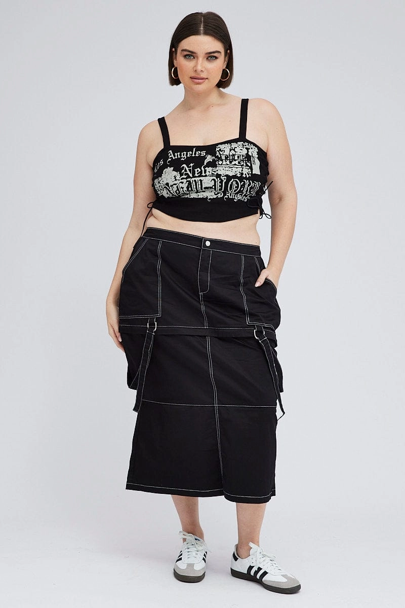 Weekend Ready music concert Black Cargo Midi Skirt Detachable Hem