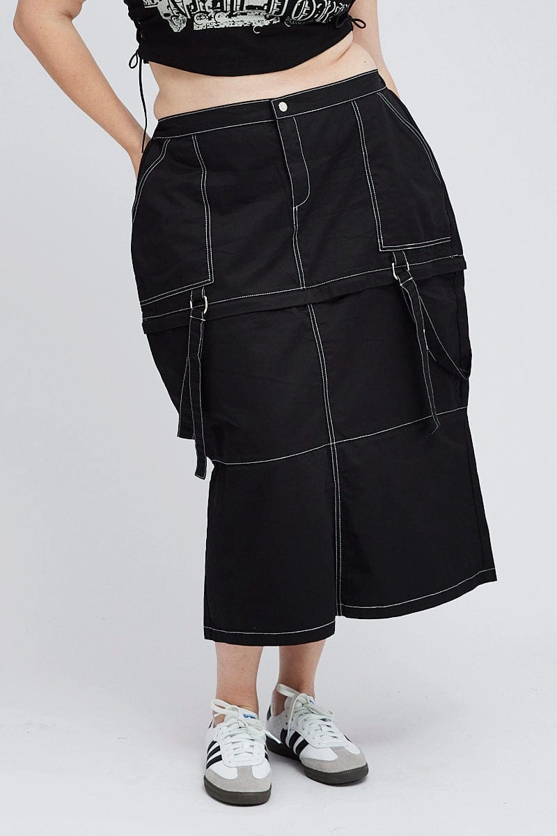 Black Cargo Midi Skirt Detachable Hem Luxury Feel