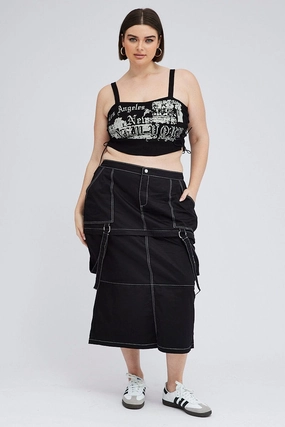 Weekend Ready music concert Black Cargo Midi Skirt Detachable Hem