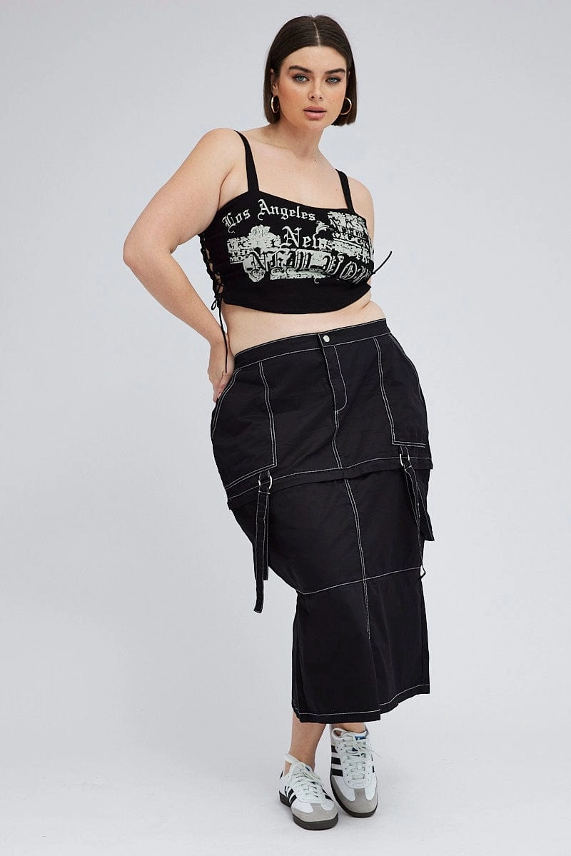 Black Cargo Midi Skirt Detachable Hem Bold Mood