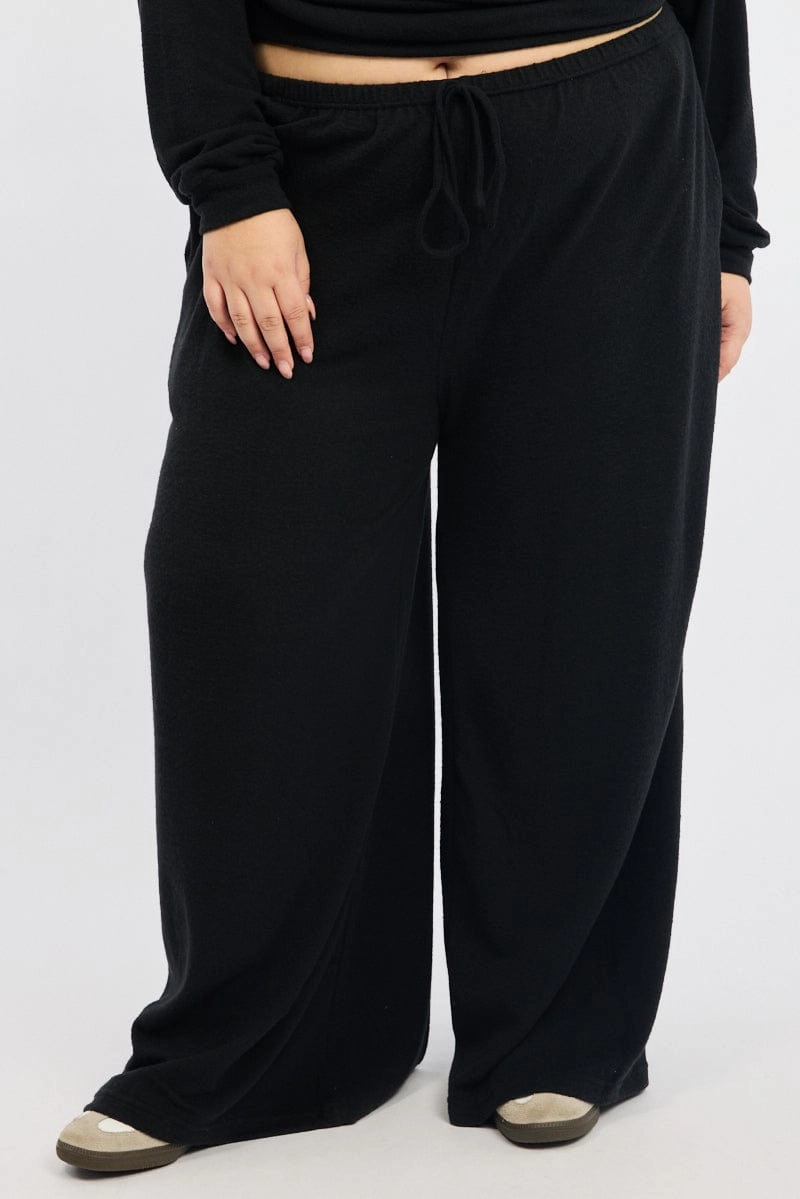 Anti Chafe Lining Wool blend Black Tie Waist Brushed Jersey Wide Leg Lounge Pants