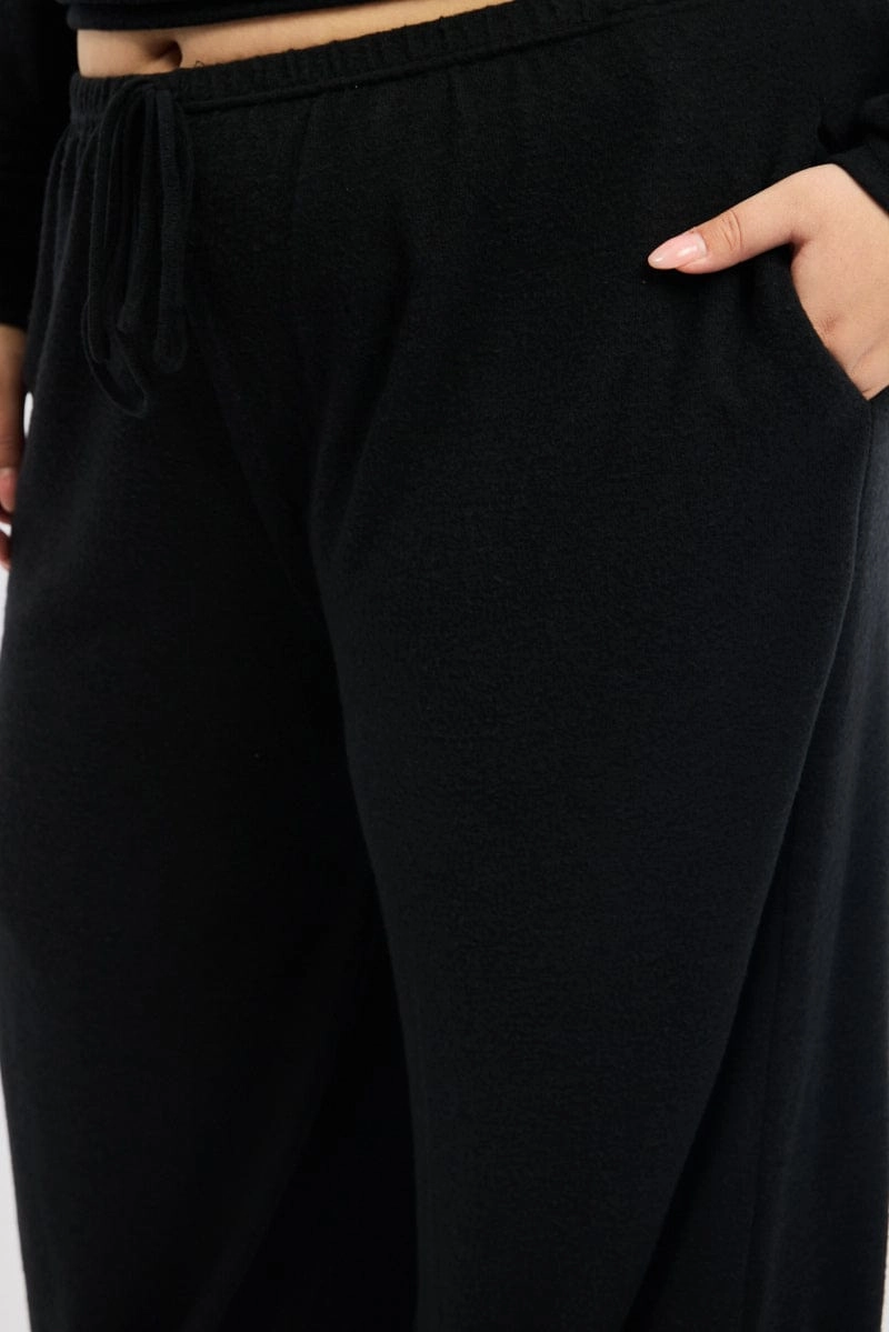Breathable Comfort Fit Soft Material Black Tie Waist Brushed Jersey Wide Leg Lounge Pants
