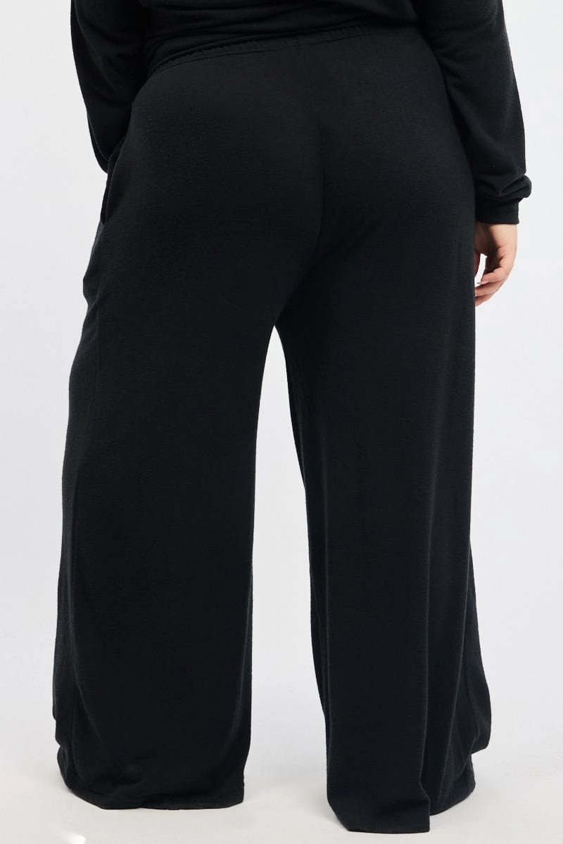 Flexible Seam HighRiseWaistband Black Tie Waist Brushed Jersey Wide Leg Lounge Pants