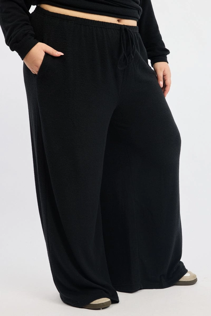 Weekend Style Black Tie Waist Brushed Jersey Wide Leg Lounge Pants