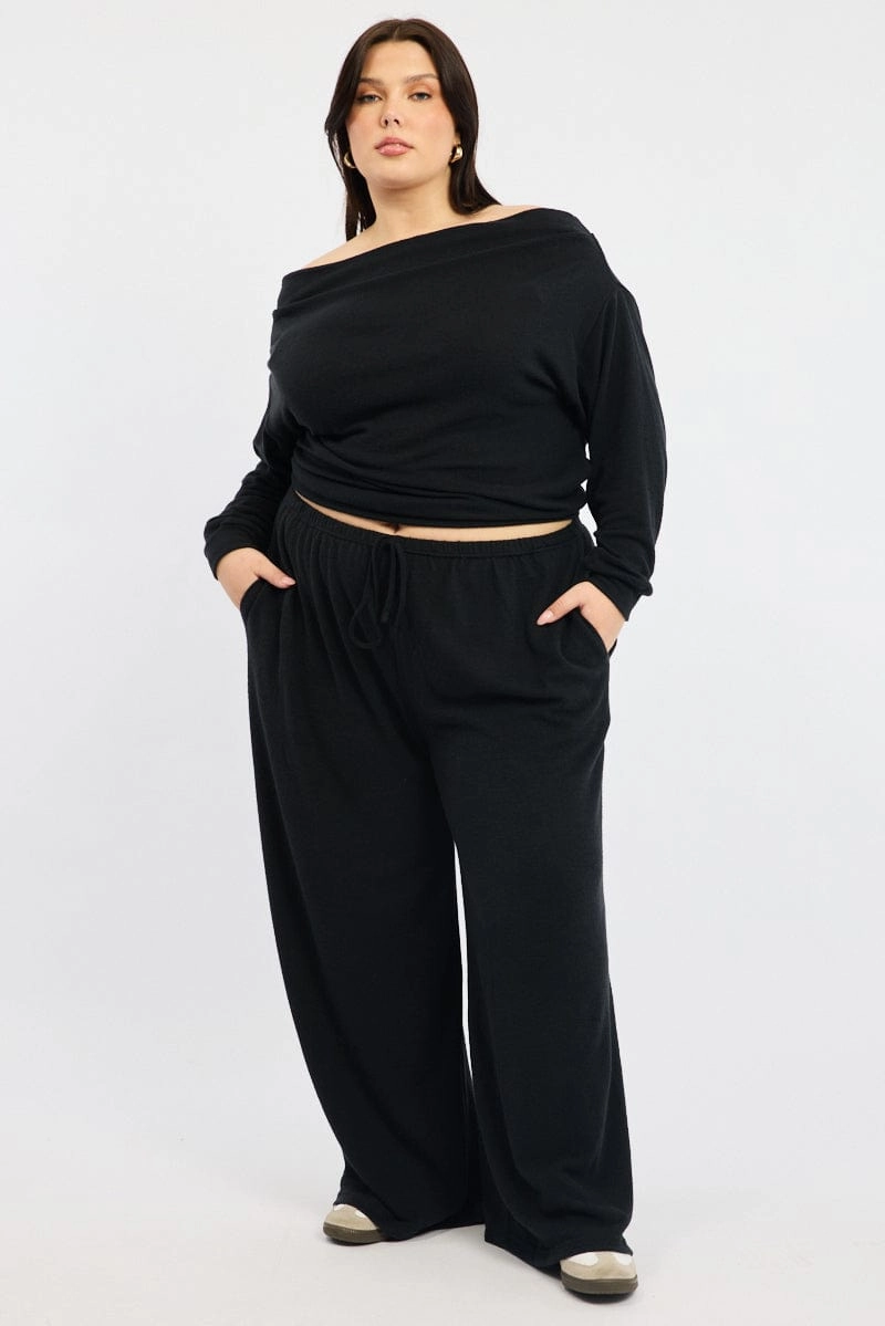Black Tie Waist Brushed Jersey Wide Leg Lounge Pants Flex Wear Design