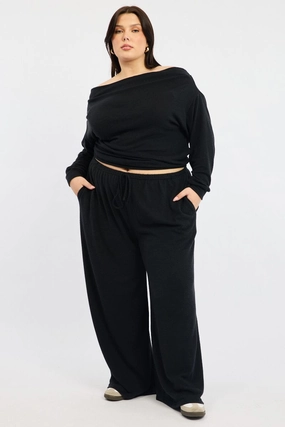 Black Tie Waist Brushed Jersey Wide Leg Lounge Pants Flex Wear Design