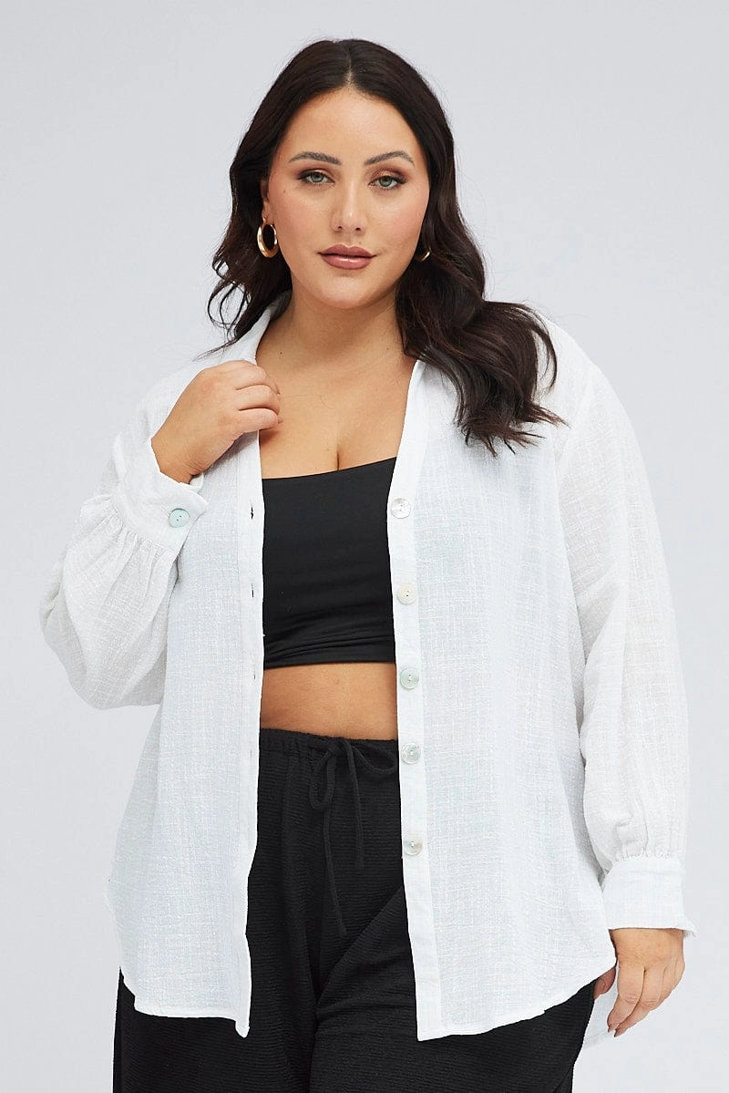 Casual Design White Relaxed Shirt Long Sleeve V-neck