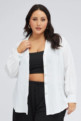 Casual Design White Relaxed Shirt Long Sleeve V-neck