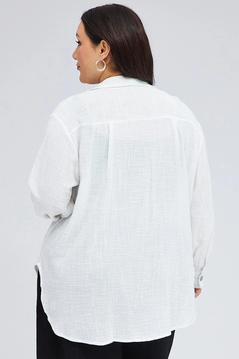 White Relaxed Shirt Long Sleeve V-neck Embellished Neckline Classy Detail